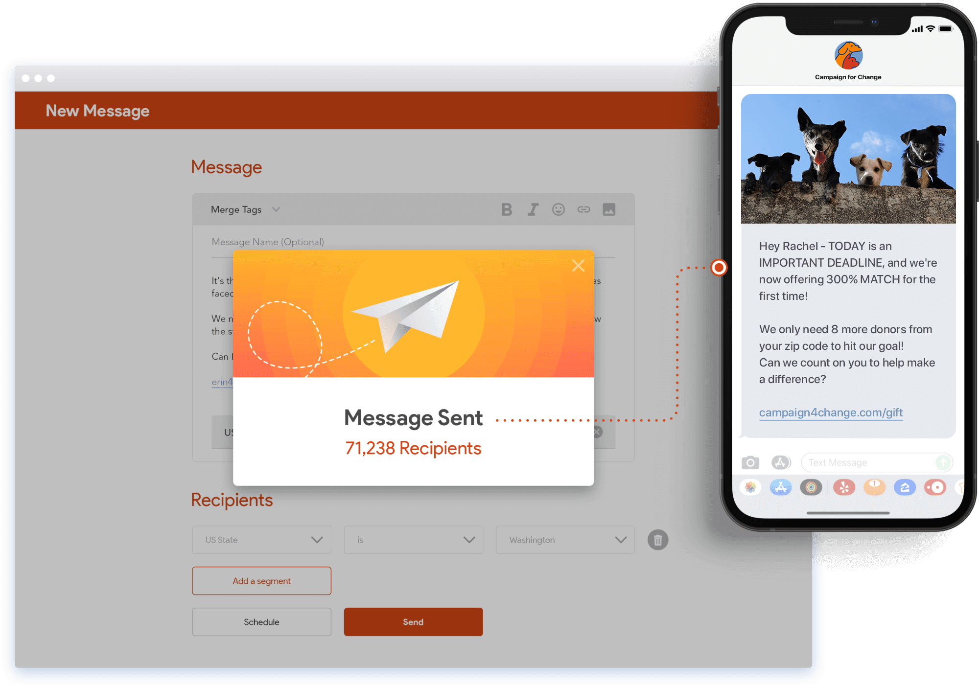 Example text message and creation tools within Tatango, the #1 mass texting service for nonprofits