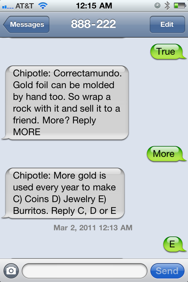 Text GOLD to 888222 for Chipotle offers