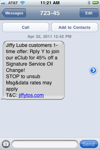 Jiffy Lube SMS SPAM example