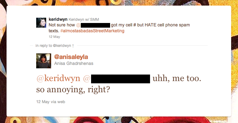 Tweet from @anisaleyla talking about club SMS SPAM received on her mobile phone