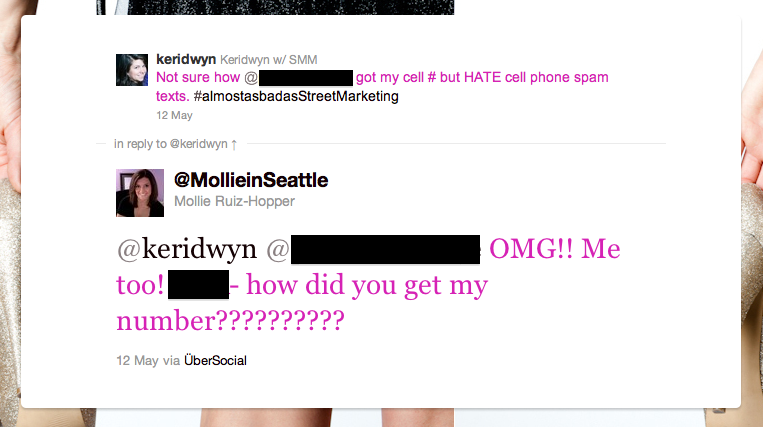 Tweet from @MollieinSeattle talking about club SMS SPAM received on her mobile phone