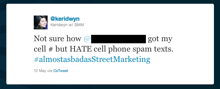 Tweet from @Keridwyn talking about club SMS SPAM received on her mobile phone