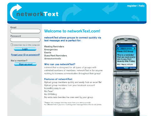 Homepage of NetworkText website, now Tatango