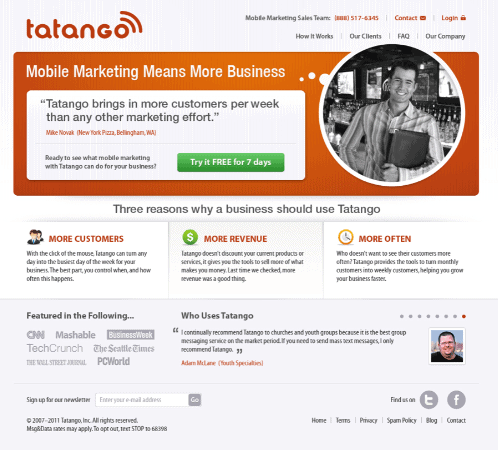 Homepage of SMS marketing software provider Tatango.com