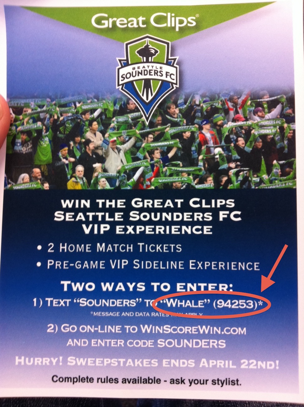 Advertisement for SMS marketing campaign with Great Clips and Seattle Sounders FC