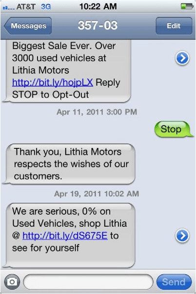 Lithia Motors Text Message Spam