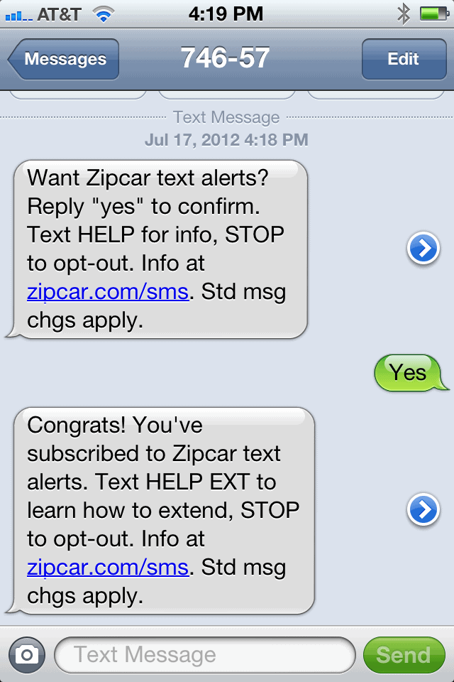 Zip Car Text Message