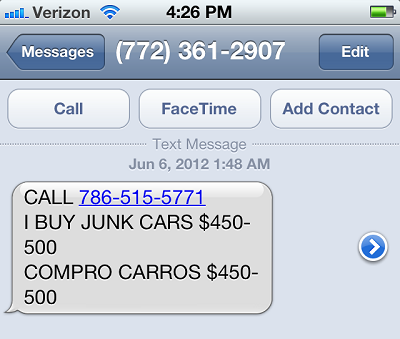 Junk Car Spam Text