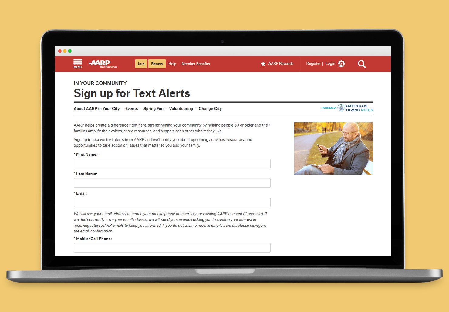 AARP Advertising SMS Marketing Campaign on Website