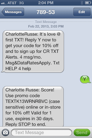 Charlotte Russe SMS Club Example