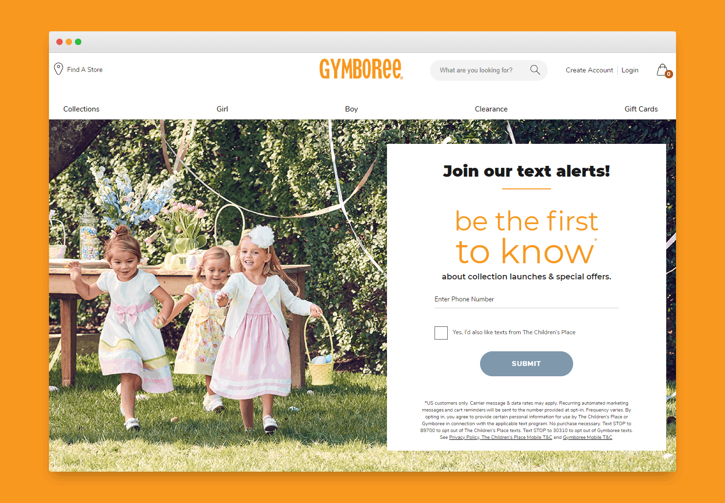 Gymboree Advertising SMS Marketing Campaign on Website