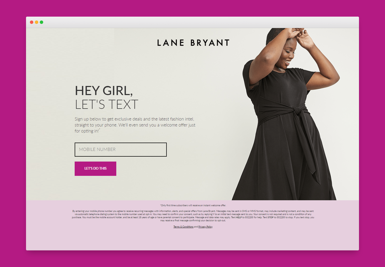 Lane Bryant Advertising SMS Marketing Campaign on Website