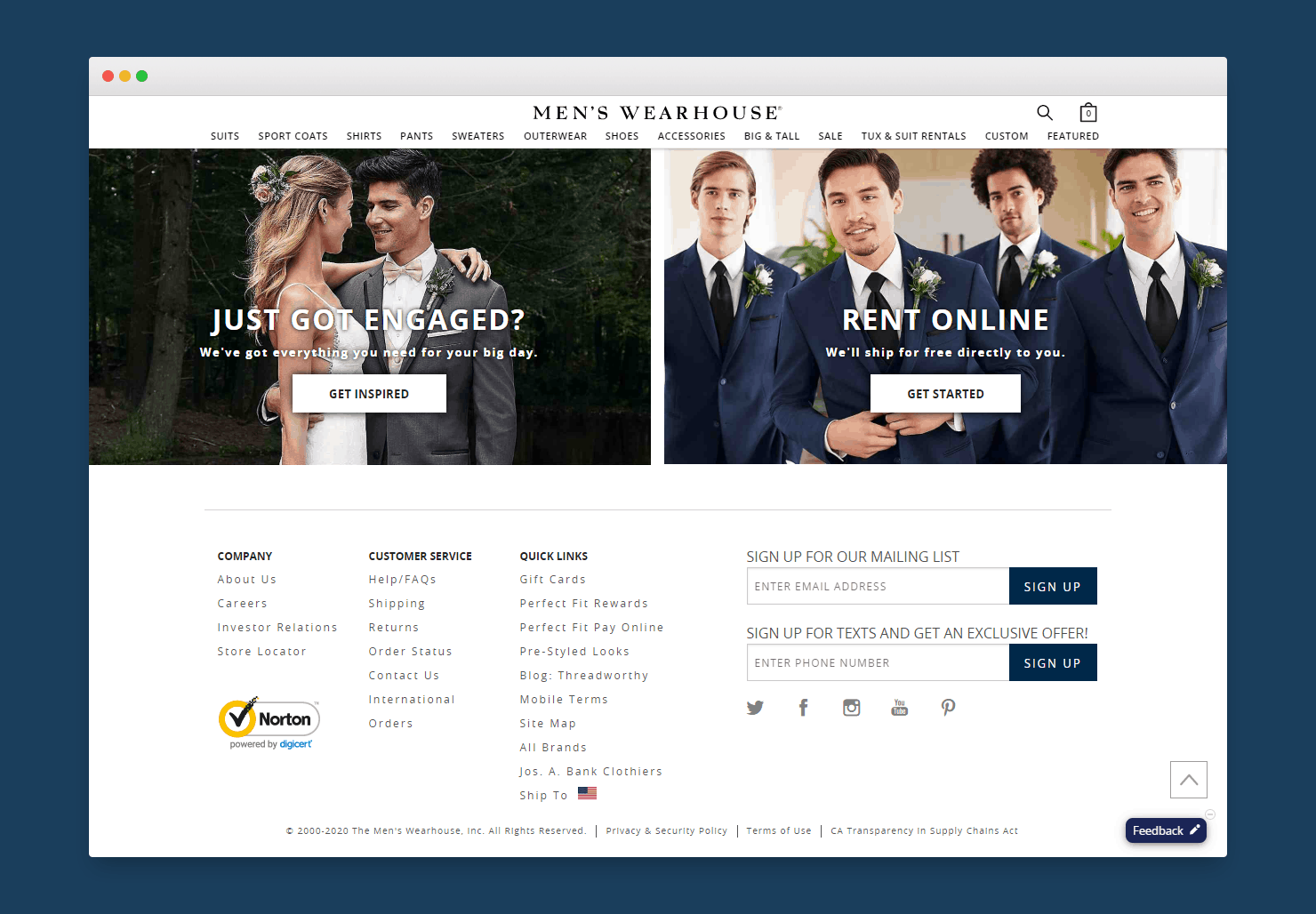 Mens Wearhouse Advertising SMS Marketing Campaign on Website