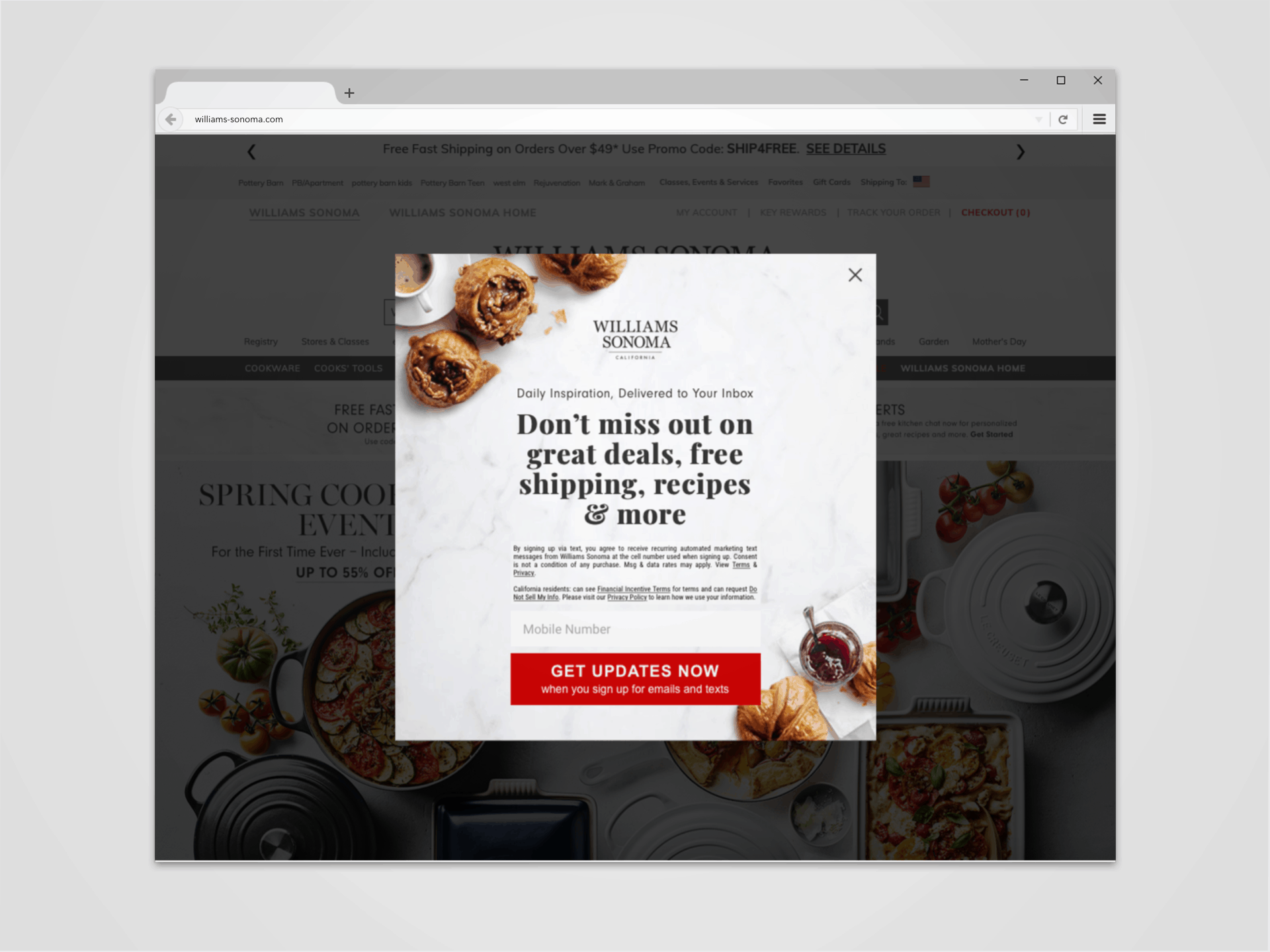 Williams Sonoma Advertising SMS Marketing Campaign on Website