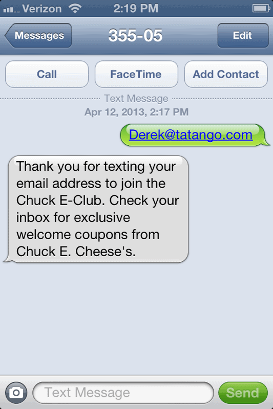 Chuck E. Cheese Text to join email list