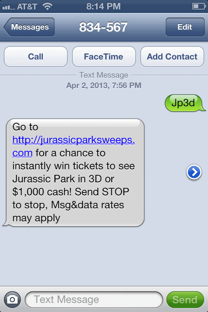 Jurasic Park Text Messaging Contest