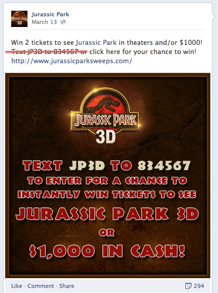 Jurassic Park SMS Contest