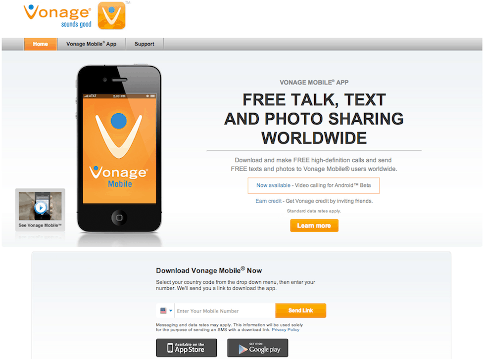 Vonage Mobile App Landing Page