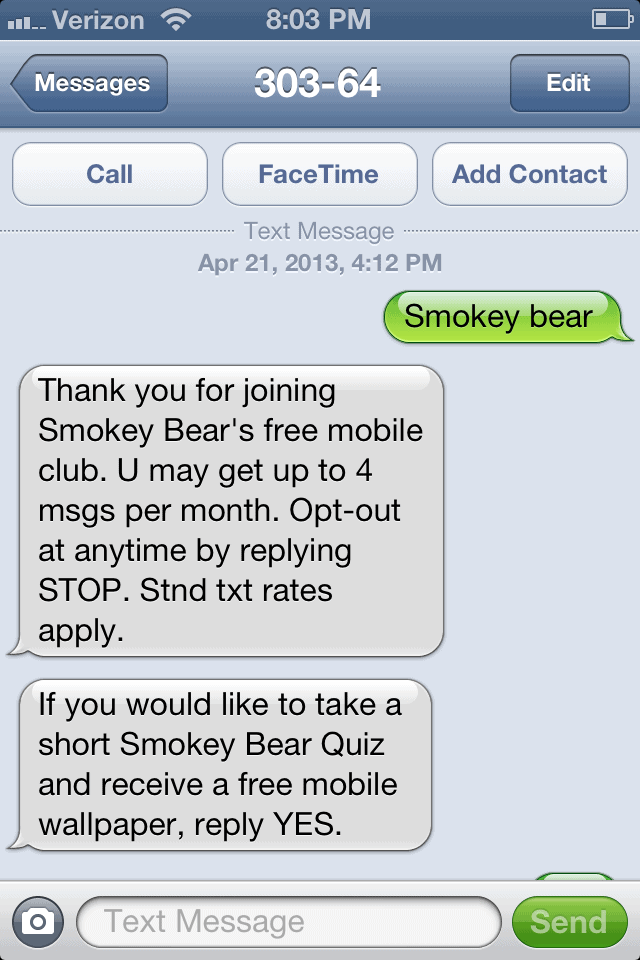 Smokey Bear SMS quiz