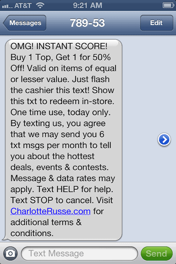 Charlotte Russe SMS Message