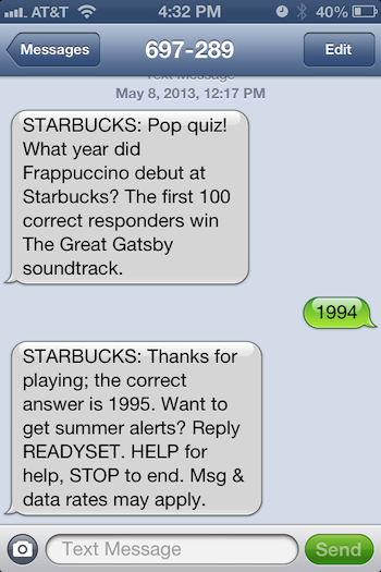 Starbucks SMS Trivia Game