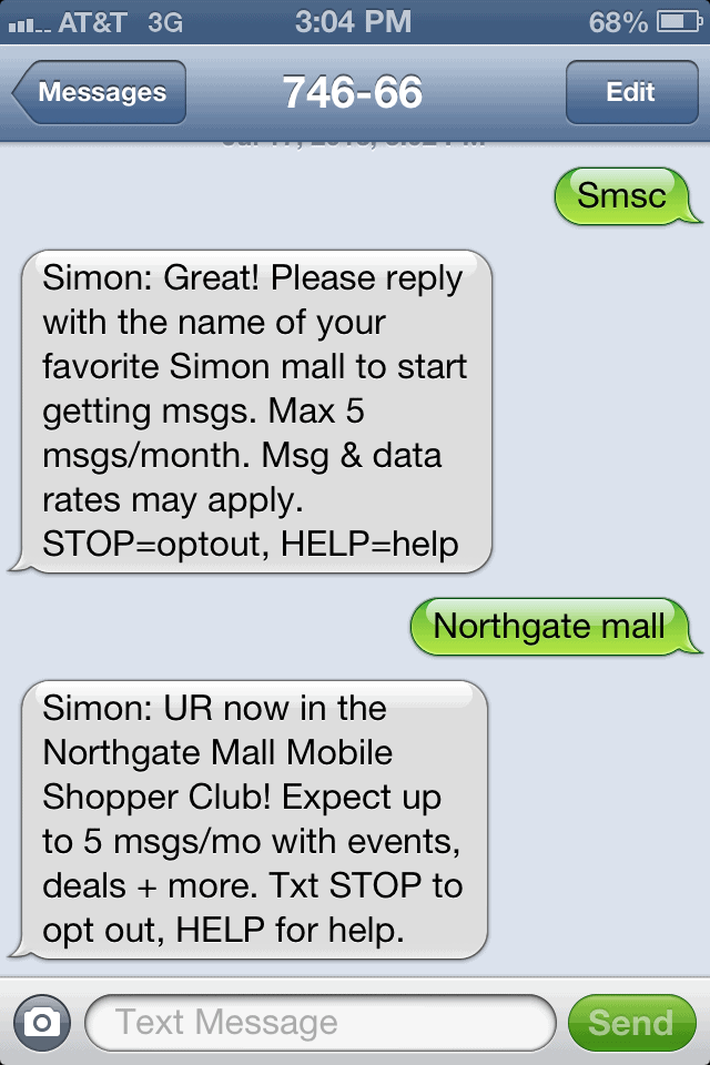 Simon Malls Mobile Text Messaging Club
