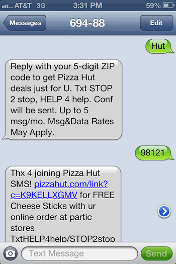 Pizza Hut Text Message