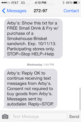 Arby's TCPA Compliant October 16th SMS Message