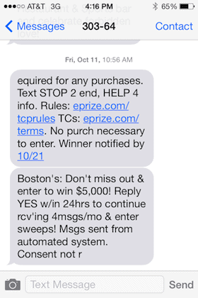 Boston's Pizza TCPA Compliant October 16th SMS Message