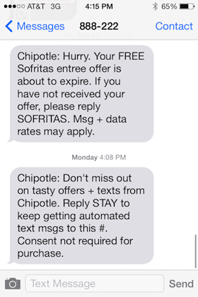 Chipotle TCPA Compliant October 16th SMS Message