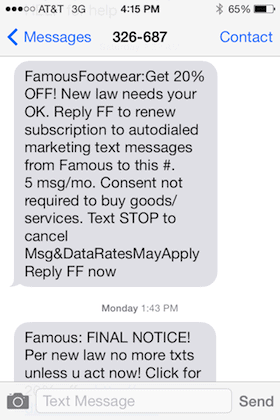 Famous Footwear TCPA Compliant October 16th SMS Message