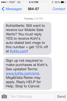 Kohls TCPA Compliant October 16th SMS Message