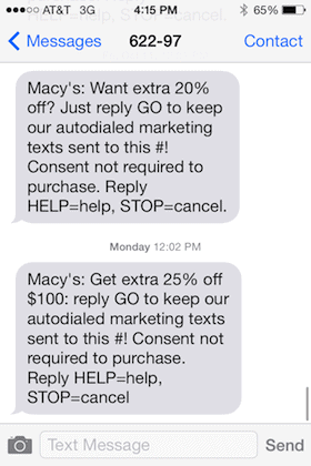 Macy's TCPA Compliant October 16th SMS Message