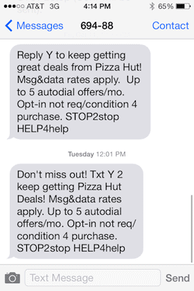 Pizza Hut TCPA Compliant October 16th SMS Message