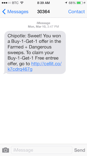 Chipotle Text Message Coupon