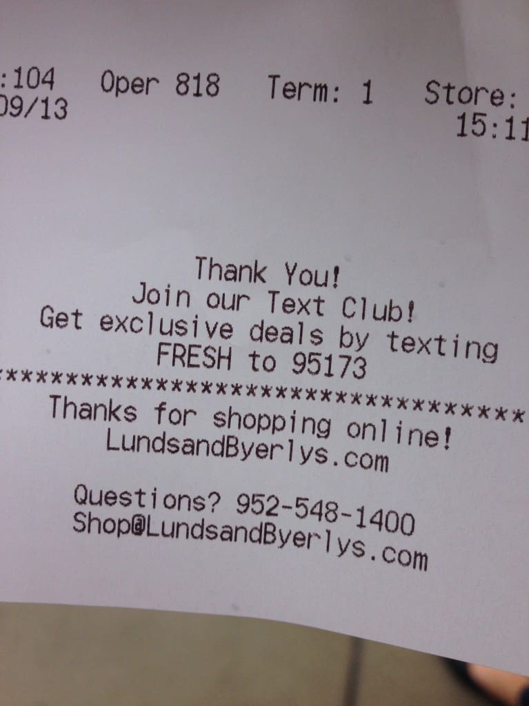 SMS Advertising Ideas - Lunds and Byerlys Receipt
