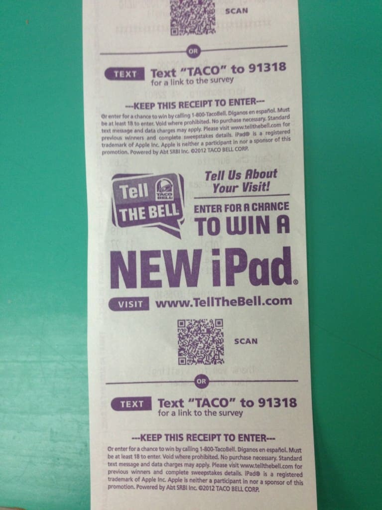 SMS Advertising Ideas - Taco Bell Receipt
