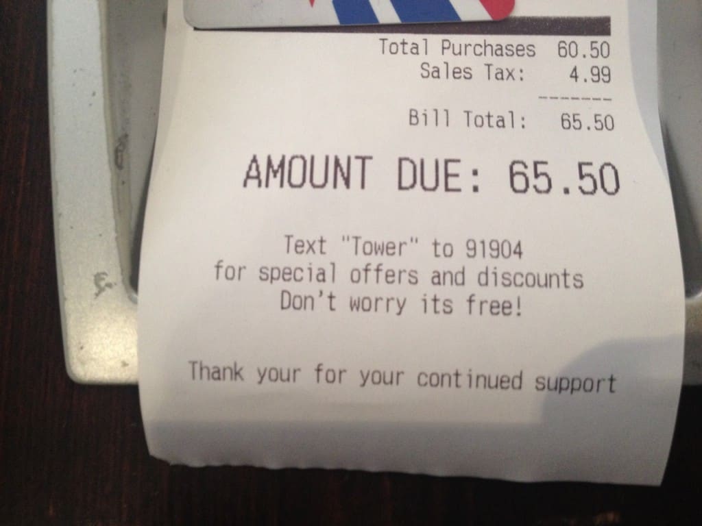 SMS Advertising Ideas - Tower Grill Receipt