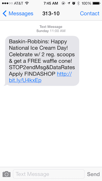 Baskin Robbins Text Message Coupon