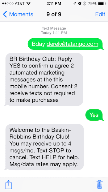 Baskin Robbins Text Message Email Address Collection