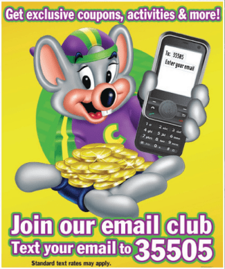 Chuck E. Cheeses Text-to-join email marketing