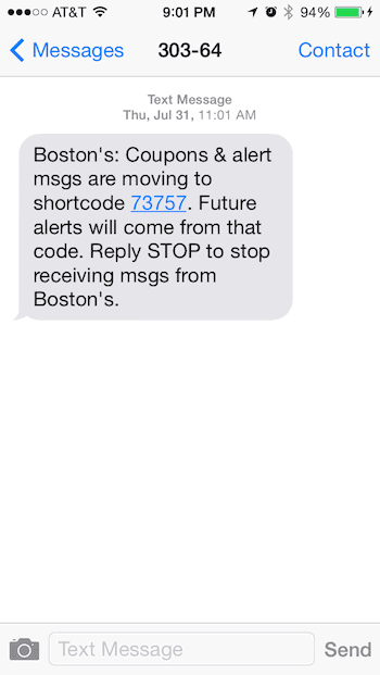 Boston's Pizza Transferring SMS Short Code