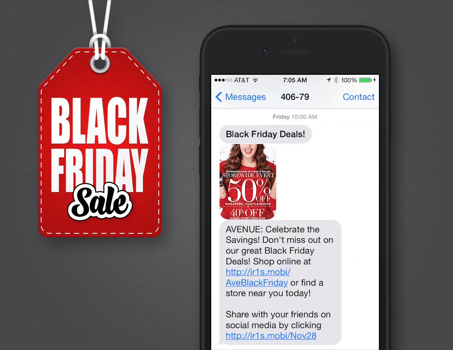 Black Friday SMS Marketing Example From Avenue Retail Stores