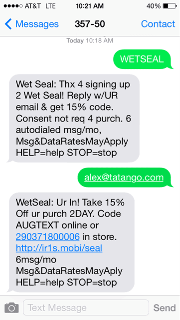 Wet Seal Text Message Coupon