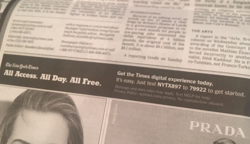 New York Times Digital Pass Text Message Ad