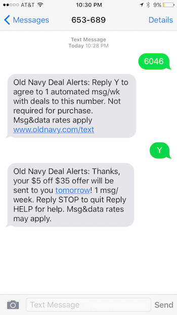 Old Navy Text Message Opt-In
