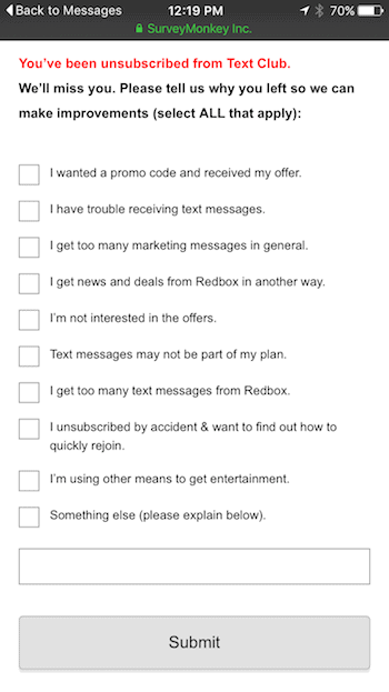 Text Message Survey Example 2 - RedBox