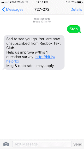 Text Message Survey - RedBox Example