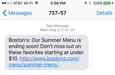 Boston's Summer Menu SMS Message