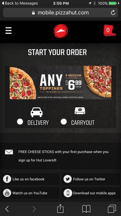 Pizza Hut Mobile Website